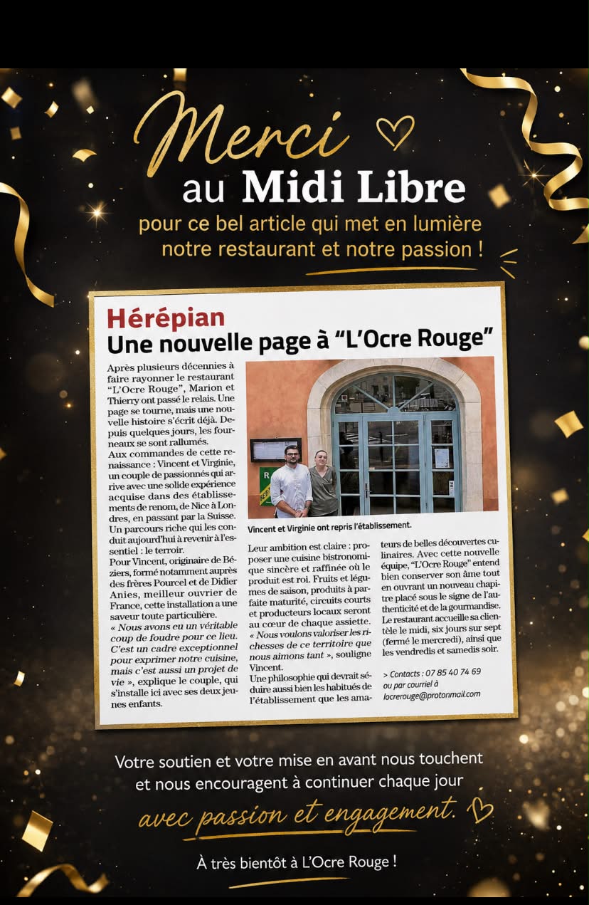 Article du Midi Libre : « Une nouvelle page à L'Ocre Rouge » — Vincent et Virginie Cros